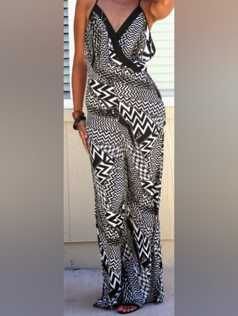 BEBE black-and-white geometric chevron-print jumpsuit